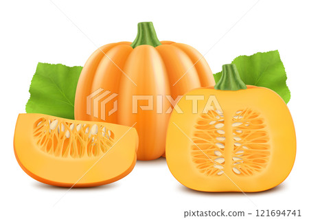 Whole pumpkin, half and quarter of ripe pumpkin isolated on white background. Decorative art element for Thanksgiving, Halloween celebration layout design. Vegetable fair. Realistic 3d vector 121694741