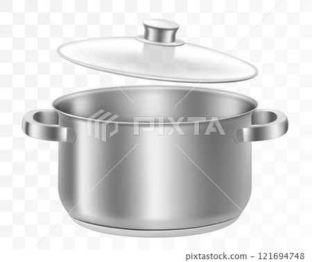Open stainless steel pan and transparent glass lid isolated on background. Realistic 3d vector illustration. Cookware. Kitchen utensils. Mock-up 121694748