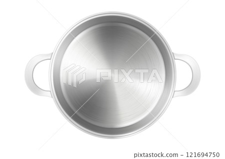 Top view of empty steel cooking pot or pan isolated on white background. Stainless steel frying pan. Mock-up. Realistic 3d vector illustration Top view of empty steel cooking pot or pan isolated on white background. Stainless steel frying pan. Mock-up. Realistic 3d vector illustration 121694750