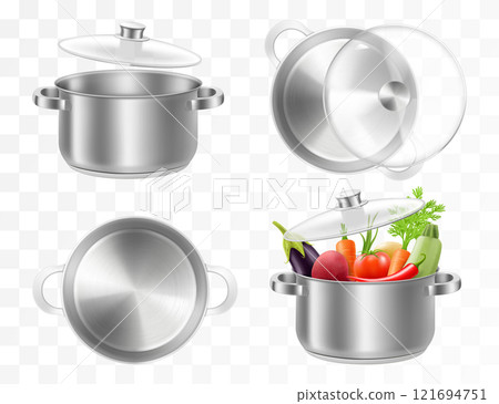 Set of stainless steel pots isolated on a transparent background. Realistic 3d Vector illustration. A set of kitchen tools, cookware, Kitchen utensils in different angles 121694751