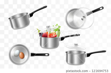 Set of stainless steel pots or ladle isolated on a transparent background. A set of kitchen tools, cookware, Kitchen utensils with vegetables and empty. Realistic 3d Vector illustration. 121694753