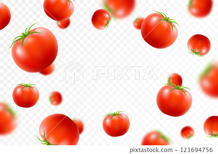 Tomato background. Falling fresh ripe tomatoes, isolated on transparent background. Selective focus. Flying defocusing red tomato. Applicable for ketchup, juice advertising. Realistic 3d vector 121694756