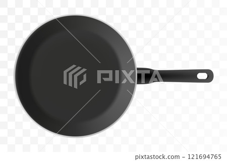 Black empty frying pan with nonstick surface isolated on transparent background, close-up, top view.Design template. Vector realistic 3d illustration. Design Template for Mockup. Black empty frying pan with nonstick surface isolated on transparent background, close-up, top view.Design template. Vector realistic 3d illustration. Design Template for Mockup. 121694765