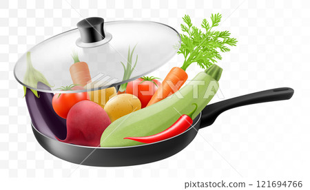 Many different vegetables into frying pan, isolated on transparent background. Realistic 3d vector illustration. Cooking concept. Design Template for Mockup. Food, Breakfast Concept. Many different vegetables into frying pan, isolated on transparent background. Realistic 3d vector illustration. Cooking concept. Design Template for Mockup. Food, Breakfast Concept. 121694766