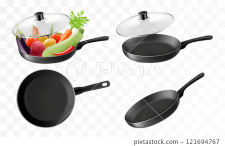 Black Frying Pan Icon Set Isolated on Transparent Background. Empty empty and with different vegetables. Design Template for Mockup. Food Concept. Top and Front or Side View. Vector 3d Realistic 121694767