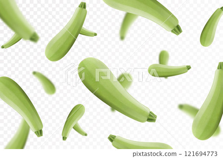 Falling zucchini isolated on transparent background. Flying whole and sliced zucchini vegetable with blurry effect. Can be used for advertising, packaging, banner, poster, print. Realistic 3d vector 121694773