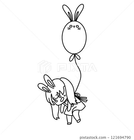 A girl is holding a balloon and a rabbit is floating above her 121694790