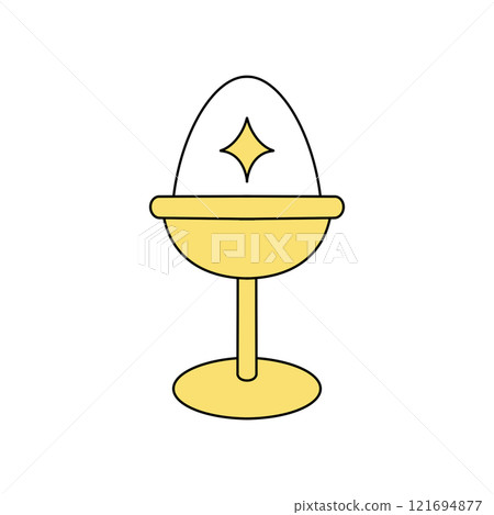 A cartoon egg with a star on top of it is sitting in a yellow cup A cartoon egg with a star on top of it is sitting in a yellow cup 121694877