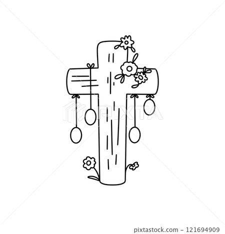 A cross with flowers and eggs hanging from it 121694909
