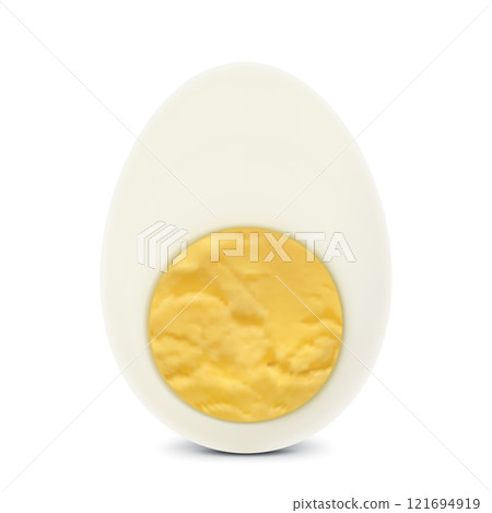 Half boiled egg isolated on white background. Top view. Egg in section. half a hard-boiled chicken egg. Realistic 3D vector illustration. Healthy food with high protein. 121694919