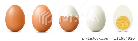 Brown chicken eggs isolated on white background. Textured Whole, Cracked Broken, half peeled, Peeled Boiled Egg, Hard-Boiled Egg With Yolk. Whole, Cut in Half Egg, Front View. Realistic 3d Vector Brown chicken eggs isolated on white background. Textured Whole, Cracked Broken, half peeled, Peeled Boiled Egg, Hard-Boiled Egg With Yolk. Whole, Cut in Half Egg, Front View. Realistic 3d Vector 121694920