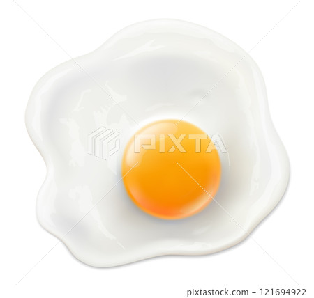 Tasty fried chicken egg isolated on white background. Classic protein rich breakfast. top view. Healthy diet. Realistic 3d vector illustration 121694922