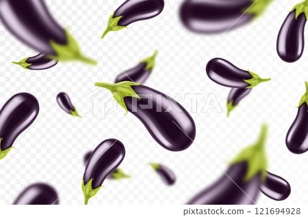 Falling eggplant isolated on transparent background. Flying whole and sliced eggplants vegetable with blurry effect. Can be used for advertising, packaging, banner, poster, print. Realistic 3d vector 121694928