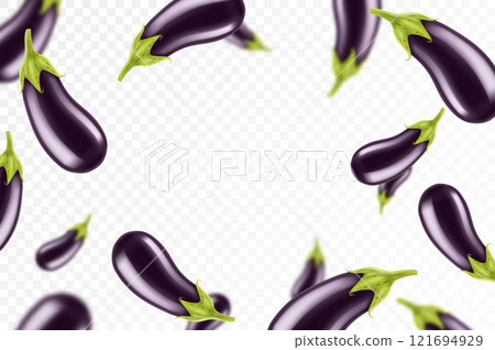 Falling eggplant isolated on transparent background. Flying whole and sliced eggplants vegetable with blurry effect. Can be used for advertising, packaging, banner, poster, print. Realistic 3d vector 121694929