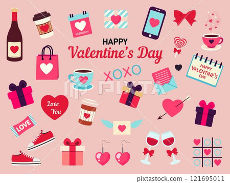 Set of illustrations. Valentines day. Cute holiday elements. Vector illustration in flat style 121695011