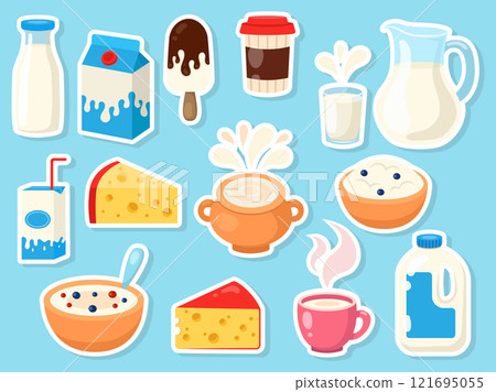 A set of milk in different packages. Vector stickers in flat style A set of milk in different packages. Vector stickers in flat style 121695055