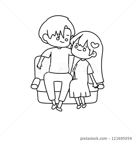 A man and a woman are sitting on a couch, holding hands and smiling A man and a woman are sitting on a couch, holding hands and smiling 121695059