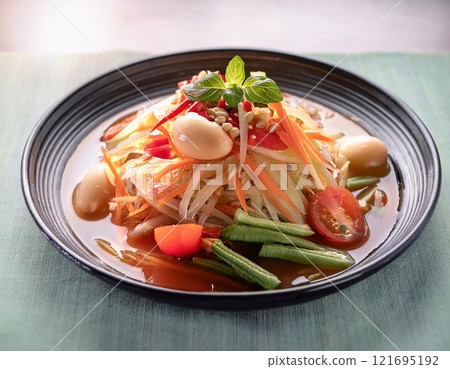 Papaya Salad with salted egg in dish, spicy food style Papaya Salad with salted egg in dish, spicy food style 121695192