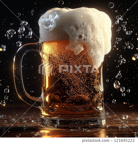 frosty glass of light beer on black background 121695222