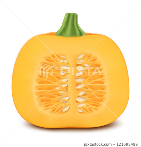 Orange ripe pumpkin in a section with seeds isolated on white background. Decorative art element for Thanksgiving, Halloween celebration layout design. Bright orange fruit. Realistic 3d vector 121695489