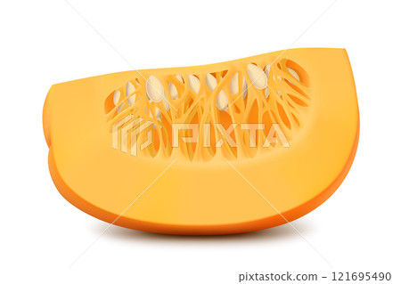 Sliced pumpkin with seeds isolated on white background. Decorative art element for Thanksgiving, Halloween celebration layout design. Bright orange fruit. Realistic 3d vector Sliced pumpkin with seeds isolated on white background. Decorative art element for Thanksgiving, Halloween celebration layout design. Bright orange fruit. Realistic 3d vector 121695490