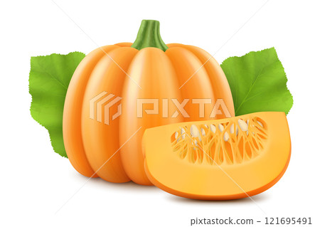 Round pumpkin and pumpkin slice isolated on white background. Decorative art element for Thanksgiving, Halloween celebration layout design. Bright orange fruit. Vegetable fair. Realistic 3d vector 121695491