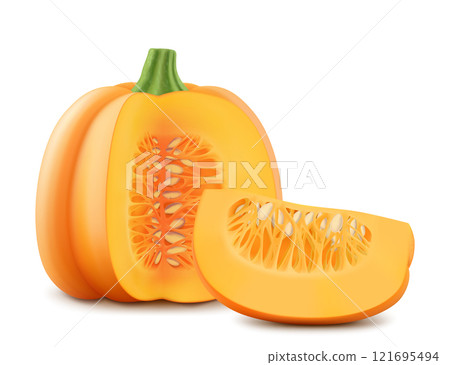 Pumpkin and pumpkin slice isolated on white background. Decorative art element for Thanksgiving, Halloween celebration layout design. Bright orange fruit. Vegetable fair. Realistic 3d vector 121695494