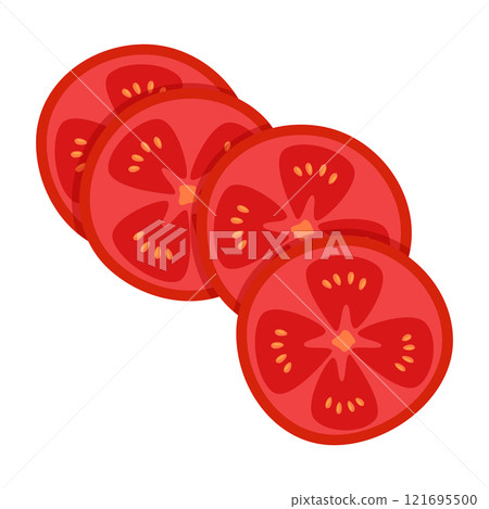 Slice of red tomato isolated on white. Tomato icon for Food Decor. Flat cartoon Vector Illustration. Slice of red tomato isolated on white. Tomato icon for Food Decor. Flat cartoon Vector Illustration. 121695500