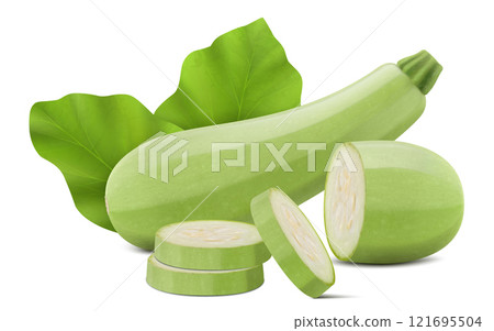 Marrow or zucchini with slices isolated on white background. Whole and chopped vegetable. Realistic 3d vector illustration. Clipping path and full depth of field. Marrow or zucchini with slices isolated on white background. Whole and chopped vegetable. Realistic 3d vector illustration. Clipping path and full depth of field. 121695504