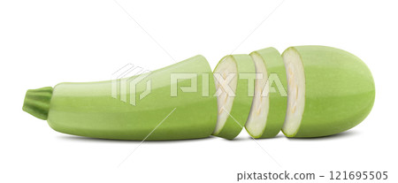 Fresh Italian zucchini or marrow and chopped slice isolated on white background. Realistic 3d vector illustration. Clipping path and full depth of field. 121695505