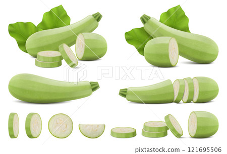 Set with whole, half, quarter, slices, and wedges of Green Zucchini. Courgette or marrow. Summer squash. Cucurbits. Fruits and vegetables. Realistic 3d vector illustration isolated on white background Set with whole, half, quarter, slices, and wedges of Green Zucchini. Courgette or marrow. Summer squash. Cucurbits. Fruits and vegetables. Realistic 3d vector illustration isolated on white background 121695506
