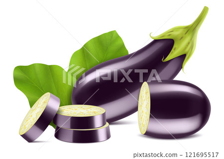 Eggplant or aubergine with slices and leaves isolated on white background. Clipping path and full depth of field. top, view, flat lay. Realistic 3d vector Eggplant or aubergine with slices and leaves isolated on white background. Clipping path and full depth of field. top, view, flat lay. Realistic 3d vector 121695517