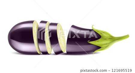 Eggplant or aubergine with slices isolated on white background. Fresh eggplant from garden. Vegetarian food. Realistic 3d vector illustration. 121695519