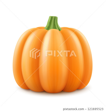 Pumpkin with green stem isolated on white background. Decorative art element for Thanksgiving, Halloween celebration layout design. Bright orange fruit. Autumn harvest festival. Realistic 3d vector 121695523