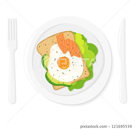 Healthy breakfast. Delicious sandwich with avocado, salmon, fried egg and lettuce on a white plate . Dish and cutlery. Vector flat style illustration Healthy breakfast. Delicious sandwich with avocado, salmon, fried egg and lettuce on a white plate . Dish and cutlery. Vector flat style illustration 121695539