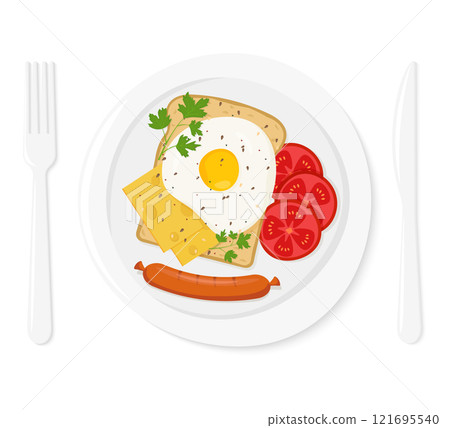Healthy breakfast. Delicious sandwich with fried egg, sausage, pieces of cheese, tomato slices on a white plate . Dish and cutlery. Vector flat style illustration 121695540