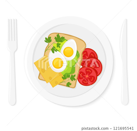 Healthy breakfast. Delicious sandwich with boiled egg, pieces of cheese, tomato slices and lettuce on a white plate . Dish and cutlery. Vector flat style illustration Healthy breakfast. Delicious sandwich with boiled egg, pieces of cheese, tomato slices and lettuce on a white plate . Dish and cutlery. Vector flat style illustration 121695541