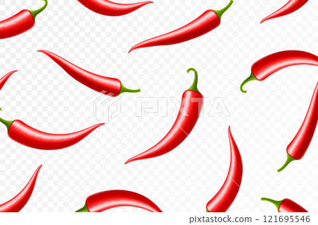 Flying or falling chili pepper isolated on transparent background. selective focus. Can be used for advertising, packaging, banner, poster, print. Realistic 3d vector design 121695546