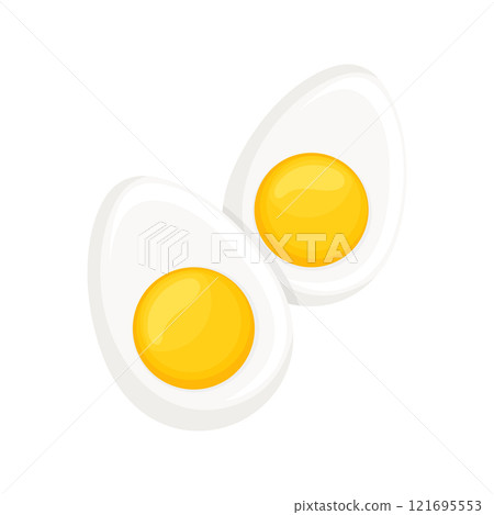 Two halves of hard boiled egg. Cooked egg isolated on white background , Quail or chicken egg. Flat cartoon design 121695553
