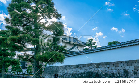 Nijo Castle with Pine Trees and Stone Wall, Kyoto, Japan. 121695747