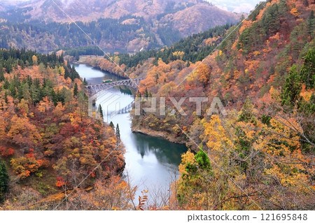 Tadami Line "Tadami River First Bridge in mid-November" Aerial view of autumn leaves 121695848
