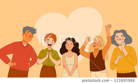 Happy family father and mother parents, boy and girls children in casual clothes vector cartoon flat illustration 121695988