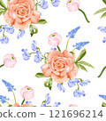 Elegant spring floral vector pattern featuring peach roses, blue muscari, and wild pea blooms on a white background. 121696214