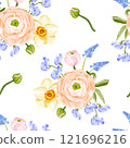 A spring seamless vector pattern featuring peach ranunculus, yellow daffodils, blue sweet peas, muscari, and pink buds on a white background. 121696216