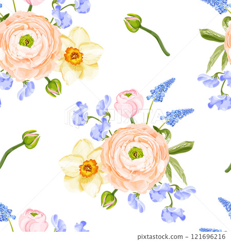 A spring seamless vector pattern featuring peach ranunculus, yellow daffodils, blue sweet peas, muscari, and pink buds on a white background. A spring seamless vector pattern featuring peach ranunculus, yellow daffodils, blue sweet peas, muscari, and pink buds on a white background. 121696216