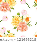 A spring floral seamless vector pattern featuring yellow roses, peach roses, daffodils, and pink buds on a white background. 121696218