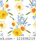 A seamless floral vector pattern featuring yellow and white daffodils paired with delicate blue delphinium blooms. 121696219