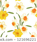 Bright and elegant seamless vector pattern featuring yellow and white daffodils with green stems on a white background. 121696221