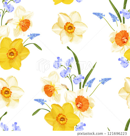 A seamless vector illustration showcasing yellow and white daffodils with orange centers, blue wild peas, and grape hyacinths on a white background. 121696223