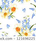 Seamless spring floral vector pattern featuring yellow daffodils with orange centers, blue delphiniums, and grape hyacinths on a white background. 121696225